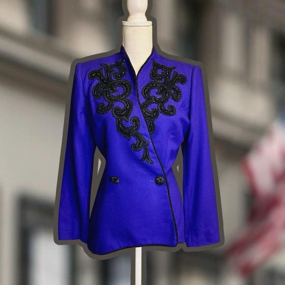 John Meyer of Norwich Vintage Indigo Purple & Black Brocade Sequin Wool Blazer - Picture 1 of 16